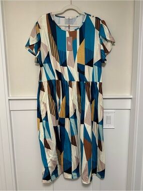 Women’s XXL Geometric Print Midi Dress (Blue, Cream, Yellow, Brown)